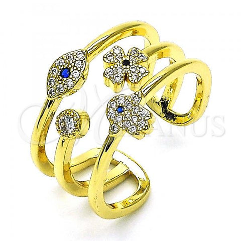 Oro Laminado Multi Stone Ring, Gold Filled Style Hand of God and Four-leaf Clover Design, with Sapphire Blue and White Micro Pave, Polished, Golden Finish, 01.341.0067