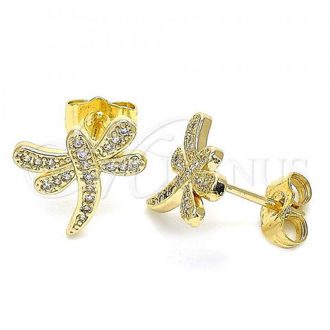 Oro Laminado Stud Earring, Gold Filled Style Dragon-Fly Design, with White Micro Pave, Polished, Golden Finish, 02.344.0065