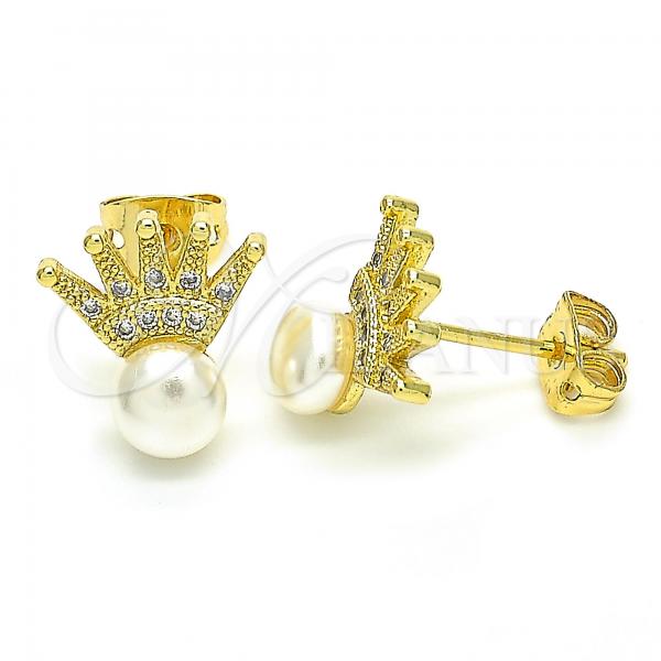 Oro Laminado Stud Earring, Gold Filled Style Ball Design, with White Cubic Zirconia and Ivory Pearl, Polished, Golden Finish, 02.156.0349