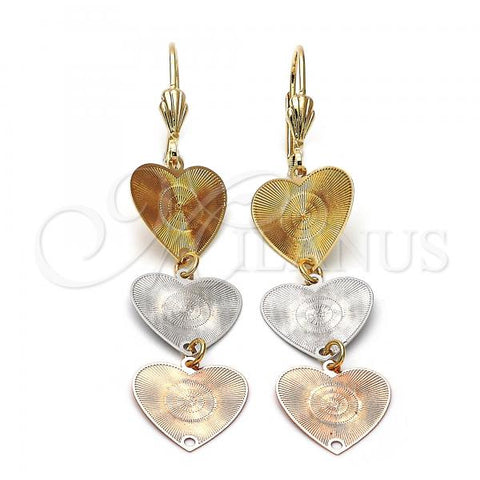 Oro Laminado Long Earring, Gold Filled Style Heart Design, Diamond Cutting Finish, Tricolor, 5.117.016