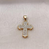 Oro Laminado Religious Pendant, Gold Filled Style Cross Design, with White Micro Pave, Polished, Golden Finish, 05.342.0049