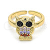Oro Laminado Multi Stone Ring, Gold Filled Style Owl Design, with Multicolor and Black Cubic Zirconia, Polished, Golden Finish, 01.210.0089.1 (One size fits all)