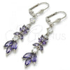 Rhodium Plated Long Earring, Leaf Design, with Amethyst and White Cubic Zirconia, Polished, Rhodium Finish, 02.205.0056.8