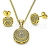 Oro Laminado Earring and Pendant Adult Set, Gold Filled Style with White Micro Pave, Polished, Golden Finish, 10.342.0139