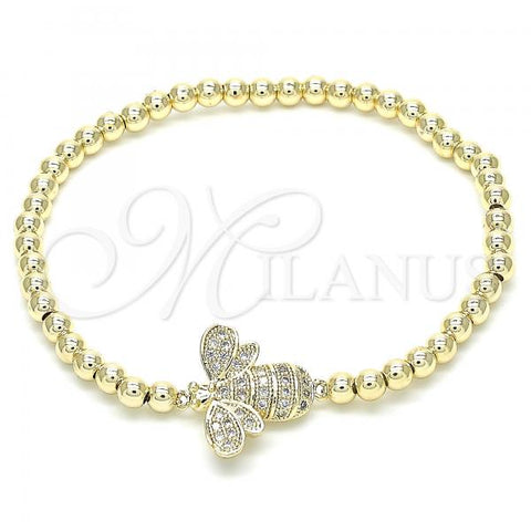 Oro Laminado Fancy Bracelet, Gold Filled Style Expandable Bead and Bee Design, with White Cubic Zirconia, Golden Finish, 03.299.0025.07