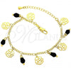 Oro Laminado Charm Bracelet, Gold Filled Style Flower Design, with Black Crystal, Diamond Cutting Finish, Golden Finish, 03.63.0179.08