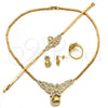 Oro Laminado Necklace, Bracelet, Earring and Ring, Gold Filled Style Flower and Teardrop Design, with White Micro Pave, Polished, Golden Finish, 06.118.0004
