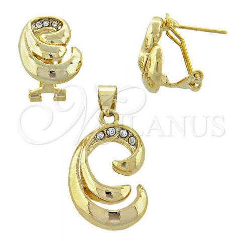 Oro Laminado Earring and Pendant Adult Set, Gold Filled Style with White Crystal, Matte Finish, Golden Finish, 5.053.004