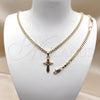 Oro Laminado Necklace and Bracelet, Gold Filled Style Cross and Miami Cuban Design, Polished, Golden Finish, 06.63.0276