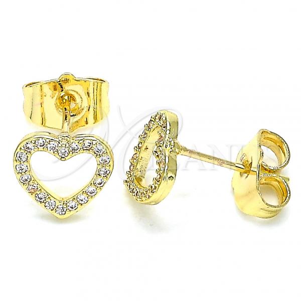 Oro Laminado Stud Earring, Gold Filled Style Heart Design, with White Micro Pave, Polished, Golden Finish, 02.233.0049