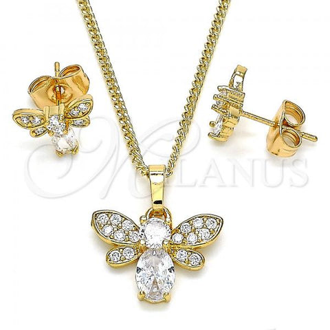Oro Laminado Earring and Pendant Adult Set, Gold Filled Style Bee Design, with White Cubic Zirconia and White Micro Pave, Polished, Golden Finish, 10.210.0122