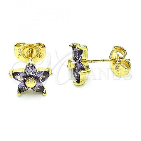 Oro Laminado Stud Earring, Gold Filled Style Flower Design, with Amethyst Cubic Zirconia, Polished, Golden Finish, 02.310.0024.3