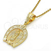 Oro Laminado Religious Pendant, Gold Filled Style Guadalupe and Flower Design, Polished, Golden Finish, 05.120.0086