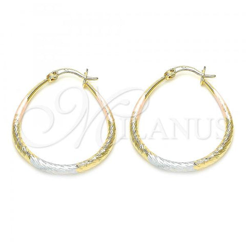 Oro Laminado Medium Hoop, Gold Filled Style Teardrop and Hollow Design, Diamond Cutting Finish, Tricolor, 02.170.0081.1.30