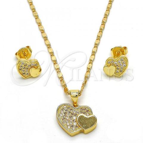 Oro Laminado Earring and Pendant Adult Set, Gold Filled Style Heart Design, with White Micro Pave, Polished, Golden Finish, 10.199.0019