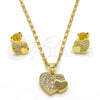 Oro Laminado Earring and Pendant Adult Set, Gold Filled Style Heart Design, with White Micro Pave, Polished, Golden Finish, 10.199.0019