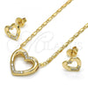 Oro Laminado Earring and Pendant Adult Set, Gold Filled Style Heart Design, with White Micro Pave, Polished, Golden Finish, 10.156.0146