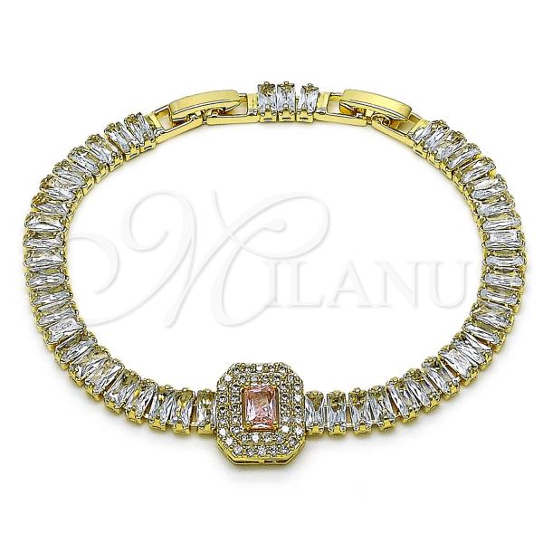 Oro Laminado Tennis Bracelet, Gold Filled Style Baguette Design, with Pink and White Cubic Zirconia, Polished, Golden Finish, 03.284.0037.3.08