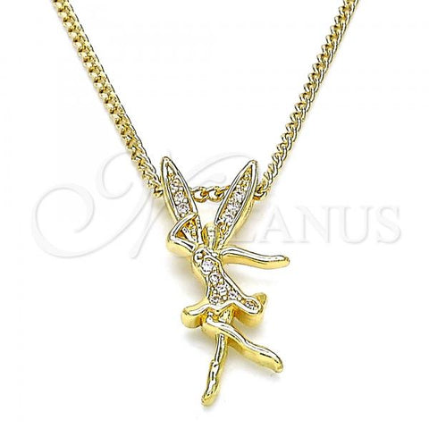 Oro Laminado Pendant Necklace, Gold Filled Style Angel Design, with White Micro Pave, Polished, Golden Finish, 04.156.0461.20