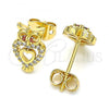 Oro Laminado Stud Earring, Gold Filled Style Owl and Heart Design, with Ruby Cubic Zirconia and White Crystal, Polished, Golden Finish, 02.342.0061