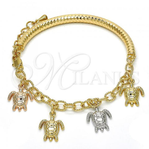 Oro Laminado Charm Bracelet, Gold Filled Style Turtle and Hollow Design, Diamond Cutting Finish, Tricolor, 03.63.1813.1.08