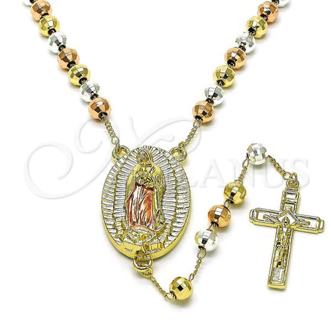 Oro Laminado Medium Rosary, Gold Filled Style Guadalupe and Disco Design, Polished, Tricolor, 09.411.0006.24