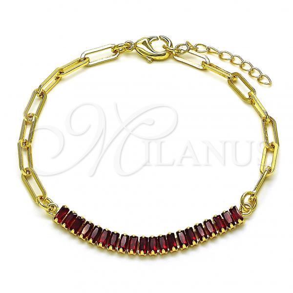 Oro Laminado Fancy Bracelet, Gold Filled Style Paperclip Design, with Garnet Cubic Zirconia, Polished, Golden Finish, 03.130.0011.2.08