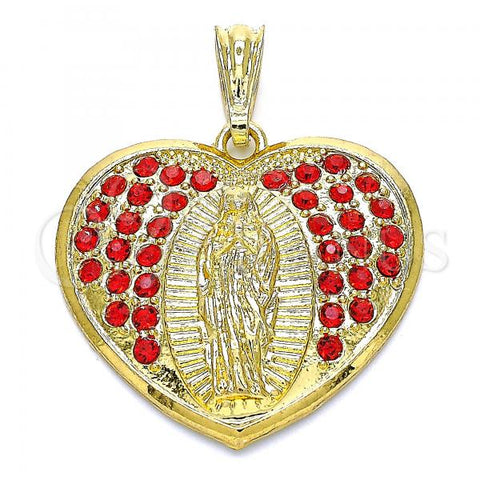 Oro Laminado Religious Pendant, Gold Filled Style Heart and Guadalupe Design, with Garnet Crystal, Polished, Golden Finish, 05.351.0135