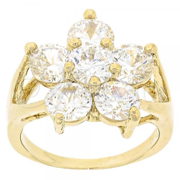 Oro Laminado Multi Stone Ring, Gold Filled Style Flower Design, with White Cubic Zirconia, Polished, Golden Finish, 5.165.013.08 (Size 8)