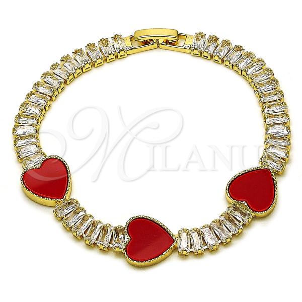 Oro Laminado Fancy Bracelet, Gold Filled Style Heart and Baguette Design, with Garnet Mother of Pearl and White Cubic Zirconia, Polished, Golden Finish, 03.283.0423.1.07