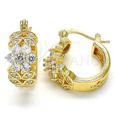 Oro Laminado Small Hoop, Gold Filled Style Flower and Leaf Design, with White Cubic Zirconia, Polished, Golden Finish, 02.210.0272.15