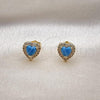 Oro Laminado Stud Earring, Gold Filled Style Heart Design, with Turquoise Cubic Zirconia and White Micro Pave, Polished, Golden Finish, 02.210.0476.2