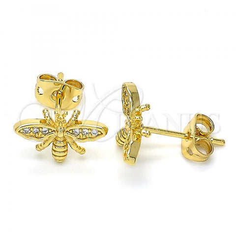 Oro Laminado Stud Earring, Gold Filled Style Bee Design, with White Cubic Zirconia, Polished, Golden Finish, 02.342.0060