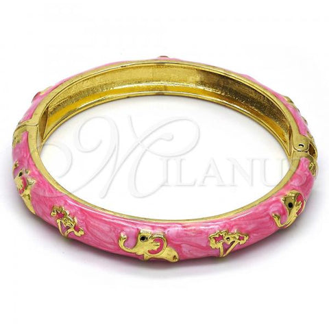 Oro Laminado Individual Bangle, Gold Filled Style Elephant and Flower Design, Pink Enamel Finish, Golden Finish, 07.246.0010.05 (10 MM Thickness, Size 5 - 2.50 Diameter)