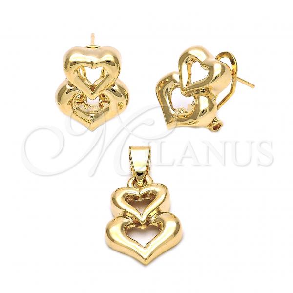 Oro Laminado Earring and Pendant Adult Set, Gold Filled Style Heart Design, Golden Finish, 5.048.009