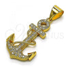 Oro Laminado Fancy Pendant, Gold Filled Style Anchor Design, with White Micro Pave, Polished, Golden Finish, 05.342.0109