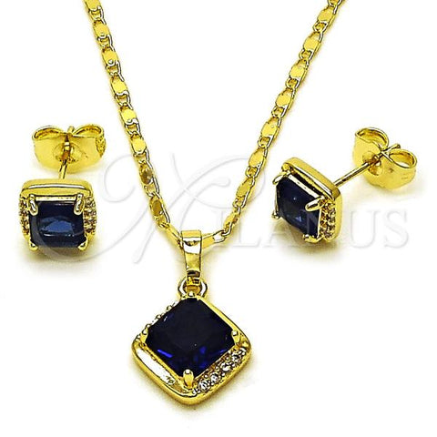Oro Laminado Earring and Pendant Adult Set, Gold Filled Style Cluster Design, with Sapphire Blue Cubic Zirconia and White Micro Pave, Polished, Golden Finish, 10.196.0178