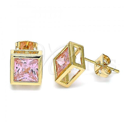 Oro Laminado Stud Earring, Gold Filled Style with Pink Cubic Zirconia, Polished, Golden Finish, 02.213.0235.2