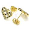 Oro Laminado Stud Earring, Gold Filled Style Heart Design, with Black and White Micro Pave, Polished, Golden Finish, 02.233.0023.1