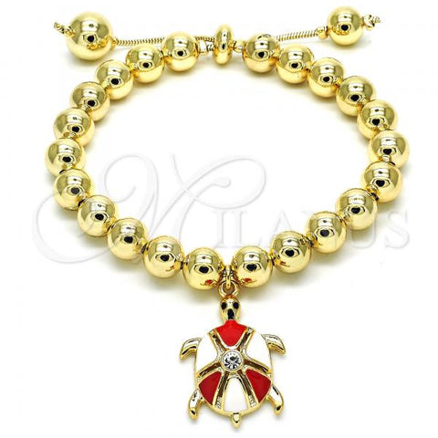 Oro Laminado Adjustable Bolo Bracelet, Gold Filled Style Turtle and Ball Design, with White Crystal, Red Enamel Finish, Golden Finish, 03.63.2034.08