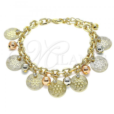 Oro Laminado Charm Bracelet, Gold Filled Style Ball and Flower Design, with White Crystal, Polished, Tricolor, 03.331.0189.08