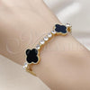 Oro Laminado Fancy Bracelet, Gold Filled Style Four-leaf Clover Design, with Black Mother of Pearl and White Cubic Zirconia, Polished, Golden Finish, 03.284.0048.1.07