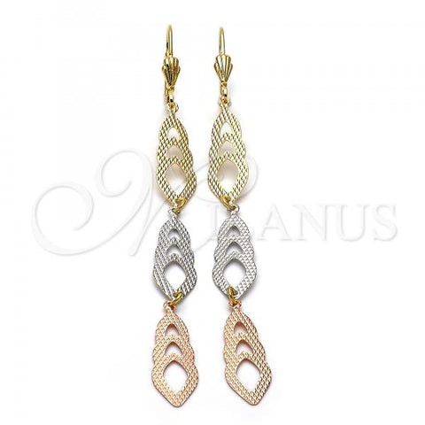 Oro Laminado Long Earring, Gold Filled Style Diamond Cutting Finish, Tricolor, 02.63.2270