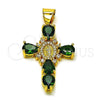 Oro Laminado Religious Pendant, Gold Filled Style Cross Design, with Green and White Cubic Zirconia, Polished, Golden Finish, 05.342.0228