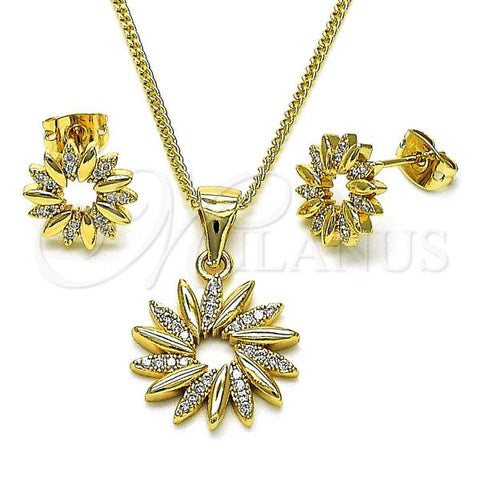 Oro Laminado Earring and Pendant Adult Set, Gold Filled Style Flower Design, with White Micro Pave, Polished, Golden Finish, 10.342.0149