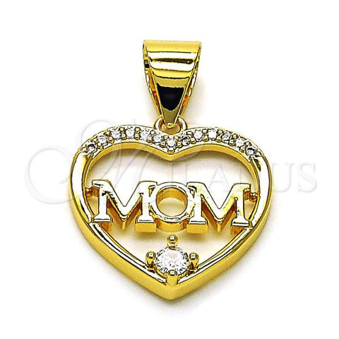 Oro Laminado Fancy Pendant, Gold Filled Style Heart and Mom Design, with White Cubic Zirconia, Polished, Golden Finish, 05.342.0204