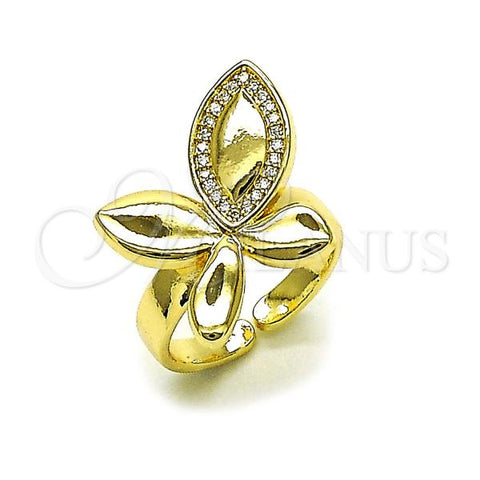 Oro Laminado Multi Stone Ring, Gold Filled Style Leaf and Butterfly Design, with White Micro Pave, Polished, Golden Finish, 01.428.0003