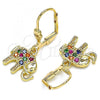 Oro Laminado Dangle Earring, Gold Filled Style Elephant Design, with Multicolor Micro Pave, Polished, Golden Finish, 02.210.0388.1