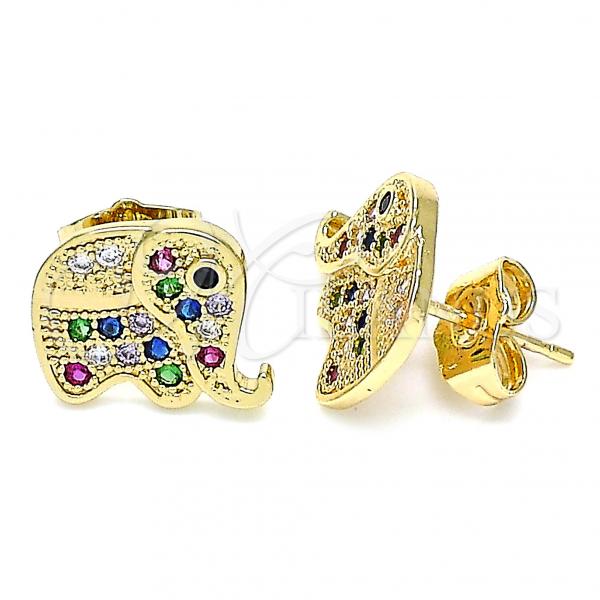 Oro Laminado Stud Earring, Gold Filled Style Elephant Design, with Multicolor Micro Pave, Polished, Golden Finish, 02.210.0355.1