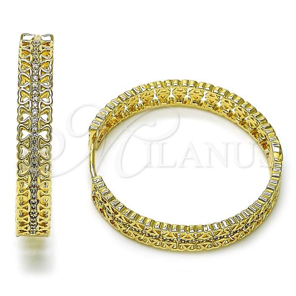 Oro Laminado Huggie Hoop, Gold Filled Style Heart Design, with White Micro Pave, Polished, Golden Finish, 02.204.0025.38